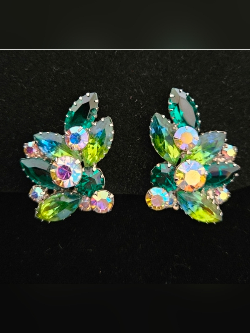 Strikingly Elegant Iridescent Rhinestone Vintage Fashion Earrings - Clip On